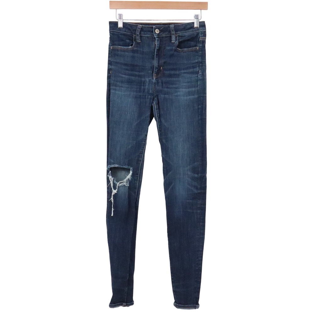 American Eagle Jegging Womens 4 X-Long Super Hi-Rise Dark Wash Distressed Good